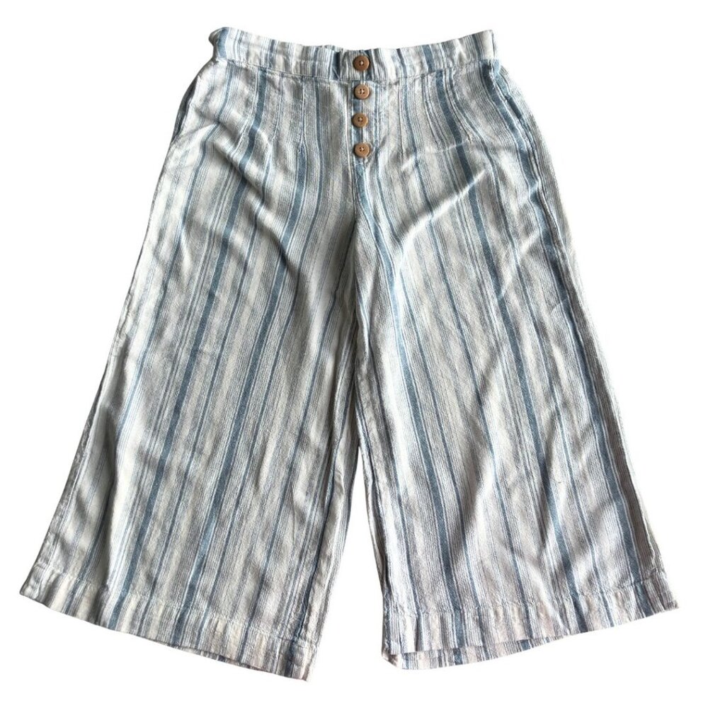 Vanilla Star Linen Viscose Blend Cropped Capri Pants Blue/White Stripe Medium
